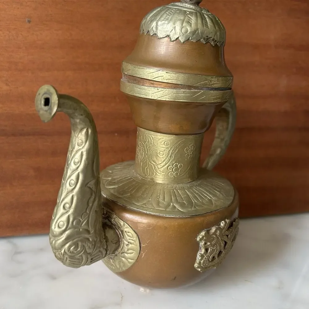 Vintage Tibetan Style Metal Dragon Decanter Pair MCM Asian Boho Home Decor